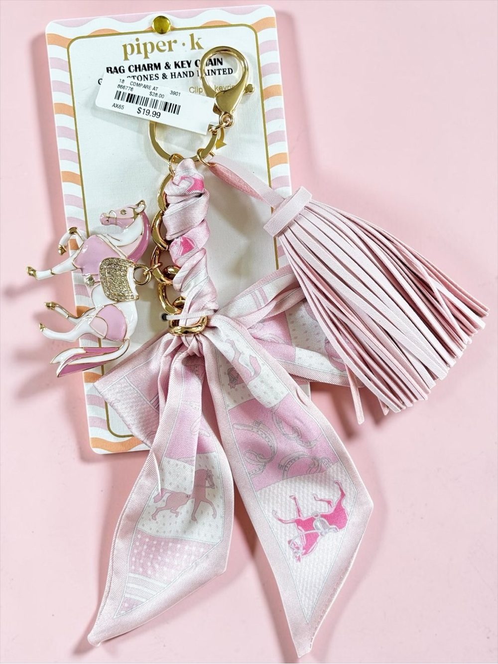 Piper K Equestrian Pink Gold Horse Ribbon Tassel Bag Charm/Keychain (NWT)